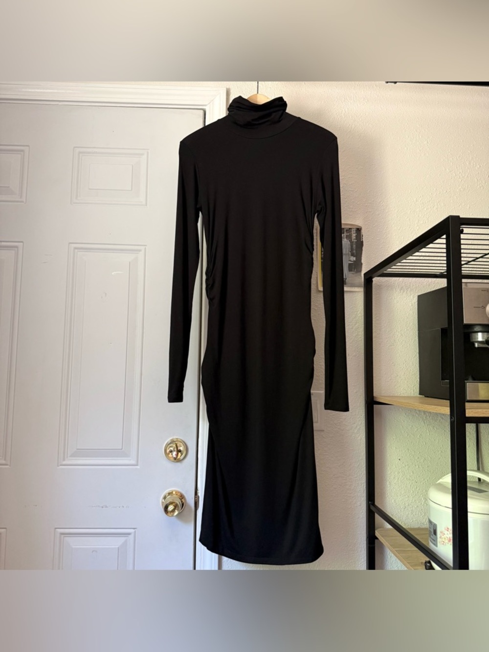 MARCELLA NYC black tencel knit ruched turtleneck long sleeve midi dress